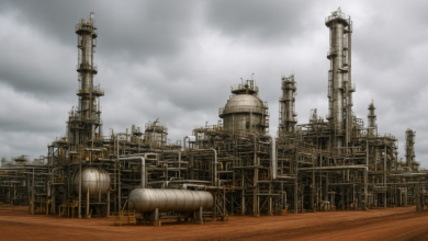 Instalação industrial de processamento de hidrocarbonetos sob céu nublado em Moçambique