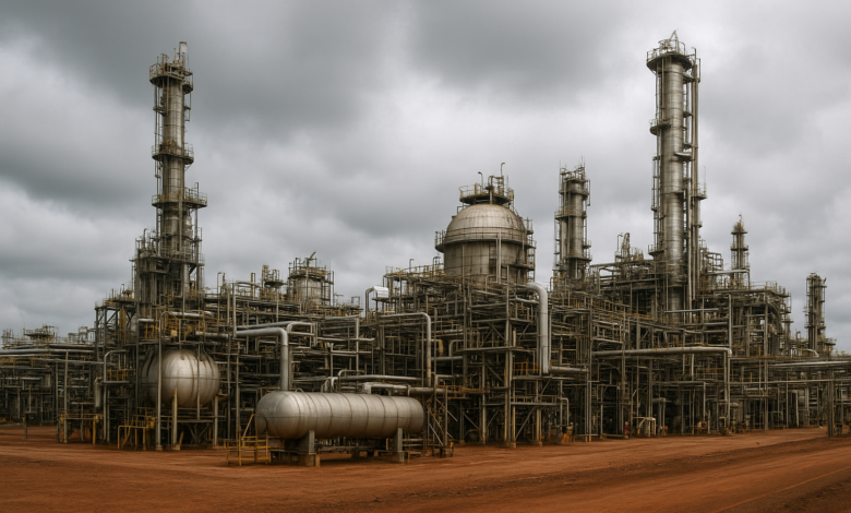 Instalação industrial de processamento de hidrocarbonetos sob céu nublado em Moçambique