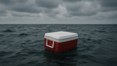 Caixa térmica flutuando no oceano sob céu nublado em cena editorial de resgate marítimo
