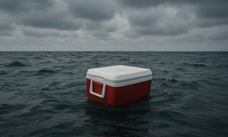 Caixa térmica flutuando no oceano sob céu nublado em cena editorial de resgate marítimo