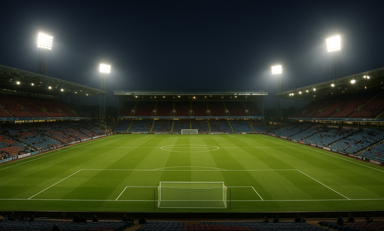 Estádio de futebol iluminado antes de uma partida da Liga Inglesa, sem jogadores identificáveis
