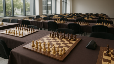 Tabuleiro de xadrez organizado num espaço moderno para torneio internacional em Moçambique