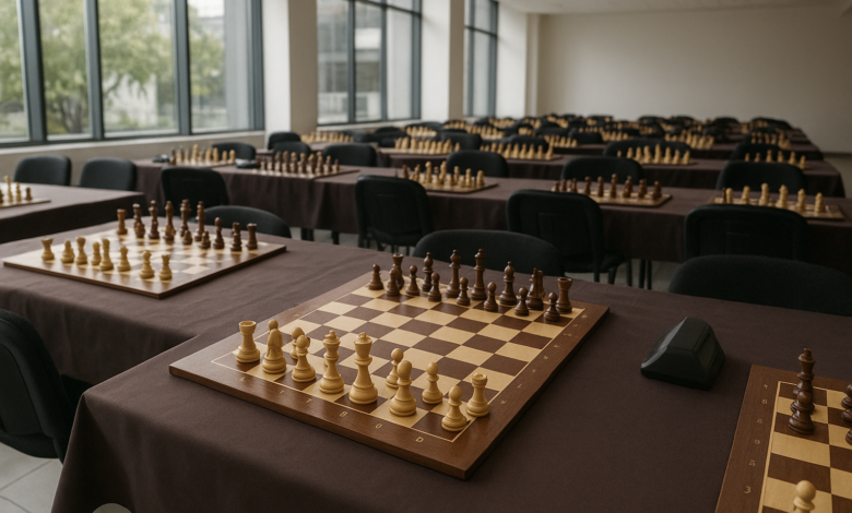 Tabuleiro de xadrez organizado num espaço moderno para torneio internacional em Moçambique