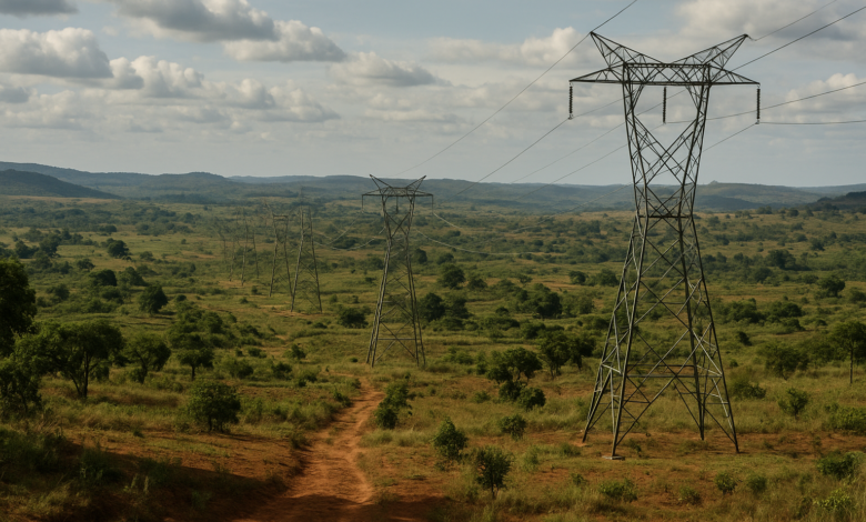 Linha de transmissão eléctrica atravessando paisagem rural entre Moçambique e Maláui