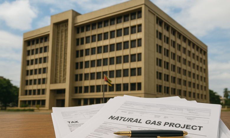 Edifício institucional em Maputo junto a documentos fiscais sobre projecto de gás natural
