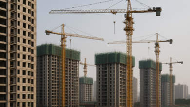 Edifícios residenciais chineses em construção junto a gruas, ilustrando a crise imobiliária da Evergrande