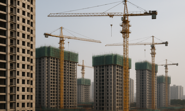 Edifícios residenciais chineses em construção junto a gruas, ilustrando a crise imobiliária da Evergrande