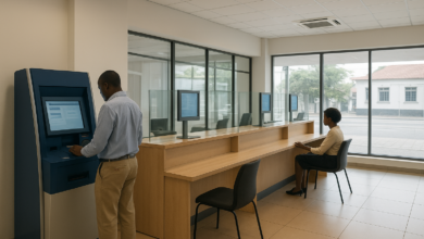 Agência bancária moderna em Moçambique com balcões digitais e espaço de atendimento iluminado