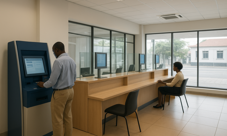 Agência bancária moderna em Moçambique com balcões digitais e espaço de atendimento iluminado