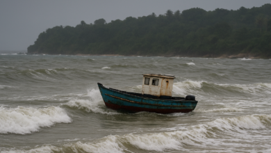 Embarcação pequena junto à costa da Zambézia durante condições marítimas difíceis