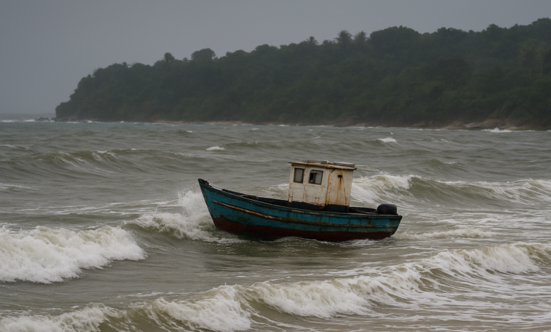 Embarcação pequena junto à costa da Zambézia durante condições marítimas difíceis