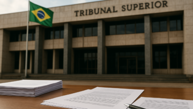 Fachada de tribunal brasileiro com documentos jurídicos organizados sobre uma mesa