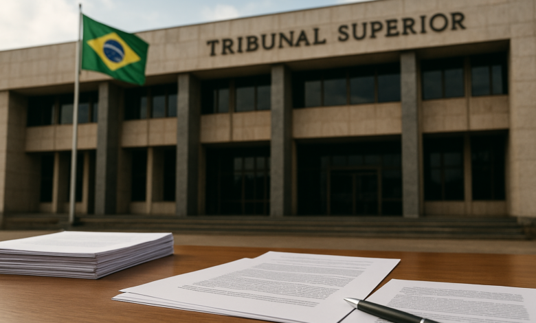 Fachada de tribunal brasileiro com documentos jurídicos organizados sobre uma mesa