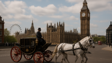 Imagem editorial de Londres com paisagem urbana e carruagem simbólica ligada à monarquia britânica