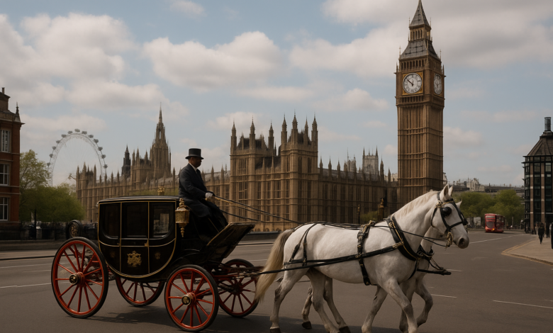 Imagem editorial de Londres com paisagem urbana e carruagem simbólica ligada à monarquia britânica