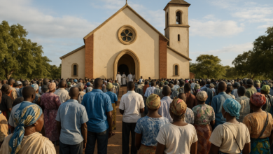 Peregrinos reunidos diante de santuário mariano em Meconta, Moçambique, durante celebração religiosa