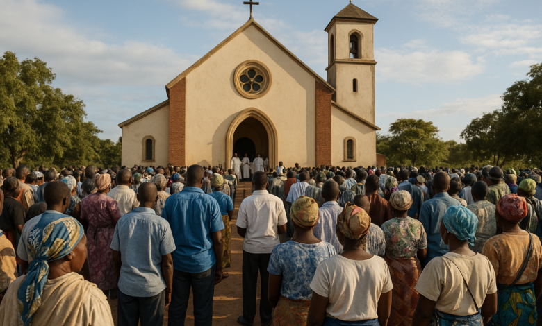 Peregrinos reunidos diante de santuário mariano em Meconta, Moçambique, durante celebração religiosa