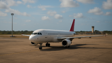 Avião comercial estacionado numa pista de aeroporto moçambicano em cenário de operação regular