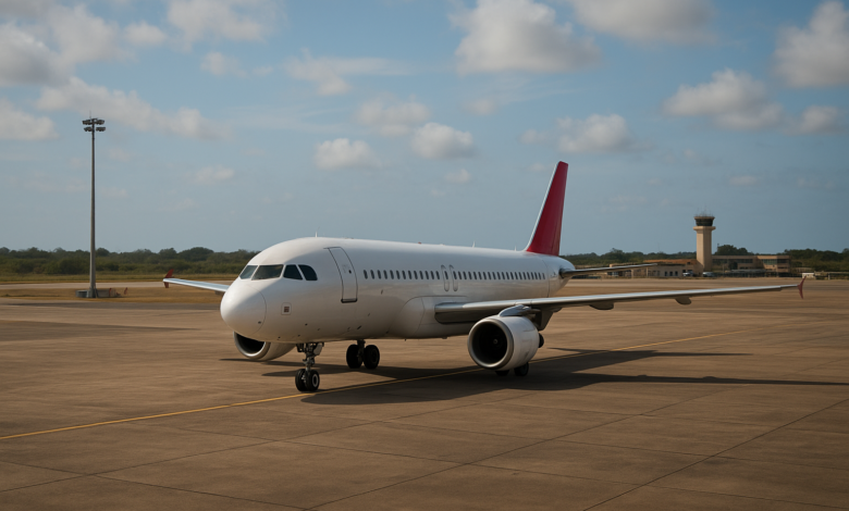 Avião comercial estacionado numa pista de aeroporto moçambicano em cenário de operação regular