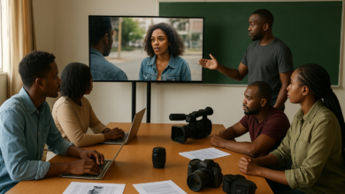 Sala de formação cinematográfica com participantes a analisar projectos e equipamentos audiovisuais em Maputo