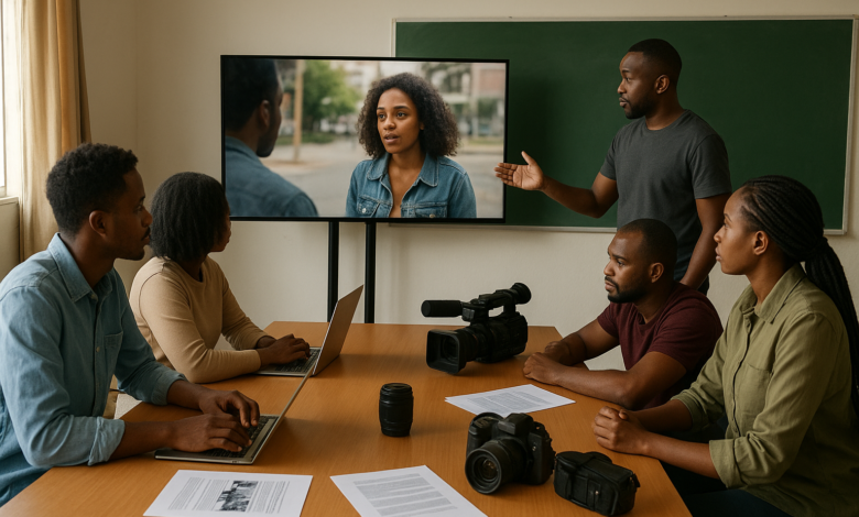 Sala de formação cinematográfica com participantes a analisar projectos e equipamentos audiovisuais em Maputo
