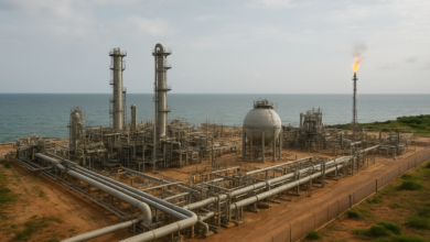 Instalações industriais de gás natural junto à costa moçambicana em imagem fotojornalística realista