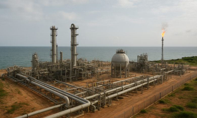 Instalações industriais de gás natural junto à costa moçambicana em imagem fotojornalística realista