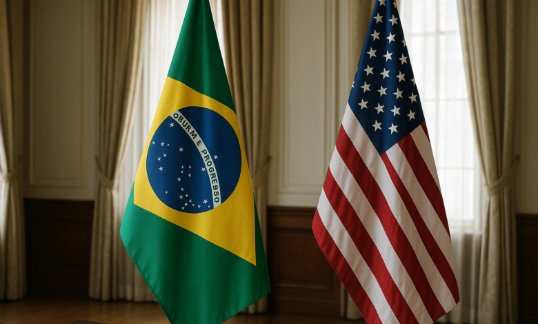 Bandeiras do Brasil e dos Estados Unidos lado a lado numa sala diplomática, em estilo fotojornalístico