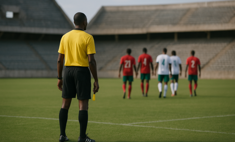 Campo de futebol vazio com árbitro e jogadores desfocados após partida internacional