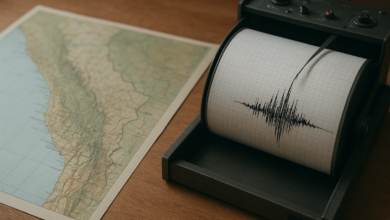 Sismógrafo registando atividade sísmica com mapa da costa andina sobre mesa de monitorização