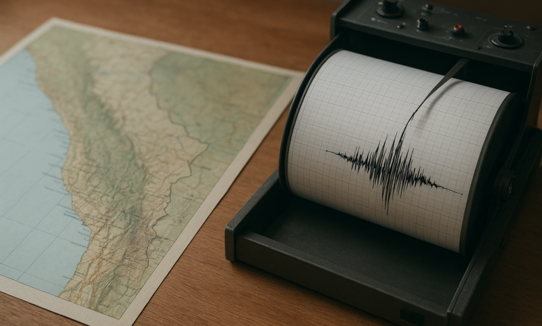 Sismógrafo registando atividade sísmica com mapa da costa andina sobre mesa de monitorização