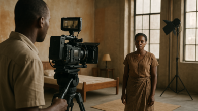 Câmara de filmagem num estúdio africano preparado para produção de série dramática