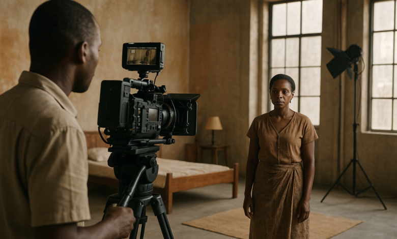 Câmara de filmagem num estúdio africano preparado para produção de série dramática