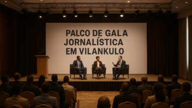 Palco de gala jornalística em Vilankulo com iluminação elegante e ambiente institucional
