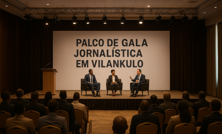 Palco de gala jornalística em Vilankulo com iluminação elegante e ambiente institucional