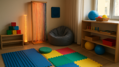 Materiais sensoriais organizados numa sala inclusiva para apoio a pessoas autistas