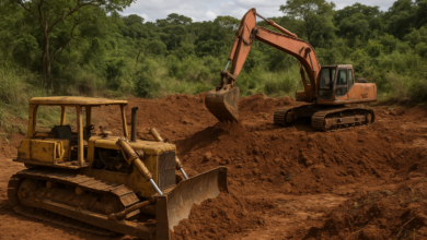 Área de mineração artesanal com equipamentos de escavação junto a vegetação em Moçambique