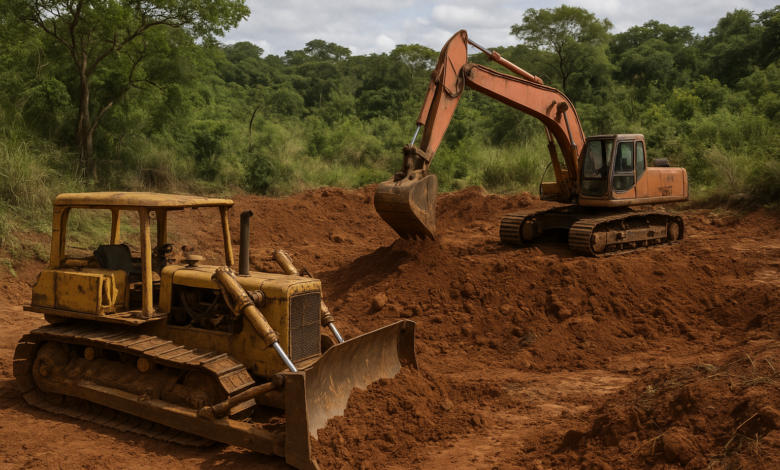 Área de mineração artesanal com equipamentos de escavação junto a vegetação em Moçambique