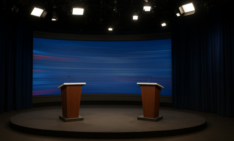Estúdio de televisão preparado para debate presidencial com púlpitos vazios e iluminação jornalística