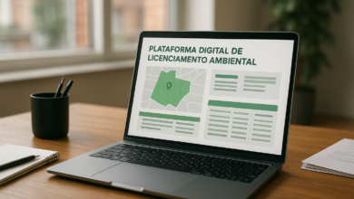 Computador a exibir plataforma digital de licenciamento ambiental numa mesa de escritório