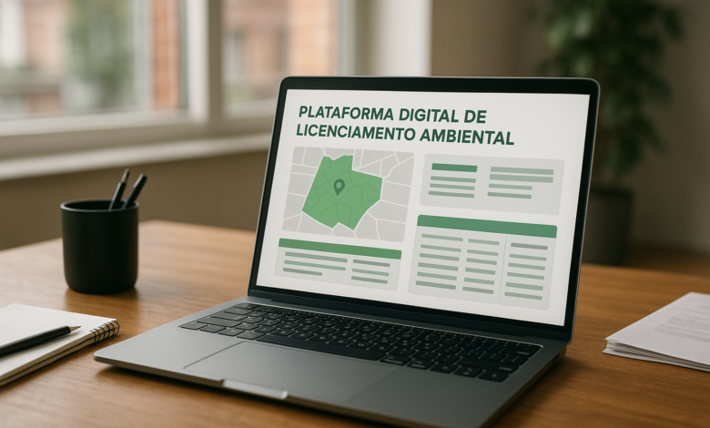 Computador a exibir plataforma digital de licenciamento ambiental numa mesa de escritório