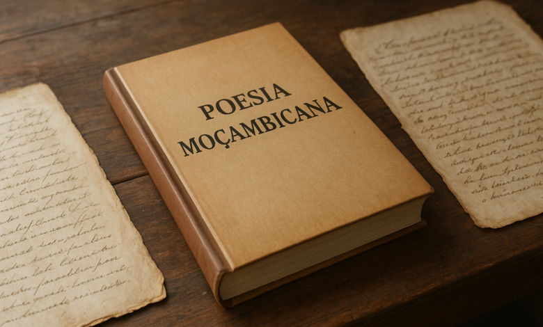 Livro de poesia moçambicana sobre mesa de madeira junto a manuscritos antigos