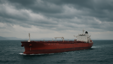 Navio-tanque atravessa águas estratégicas do Estreito de Ormuz sob céu nublado