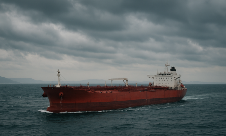 Navio-tanque atravessa águas estratégicas do Estreito de Ormuz sob céu nublado