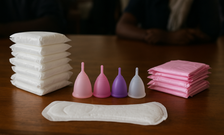 Produtos menstruais embalados numa mesa durante sessão técnica sobre normas de higiene em Moçambique