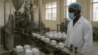 Instalação farmacêutica industrial com equipamentos de produção e embalagens de medicamentos em Moçambique