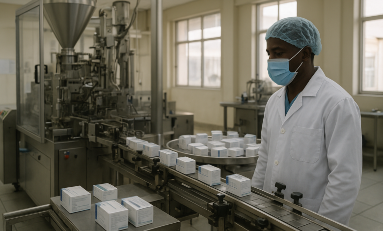 Instalação farmacêutica industrial com equipamentos de produção e embalagens de medicamentos em Moçambique