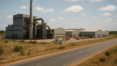 Instalação industrial moderna junto a estrada e armazéns numa zona produtiva de Moçambique