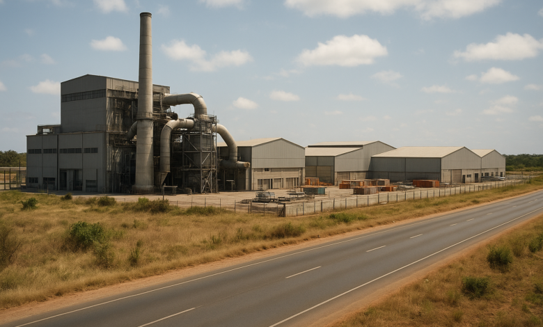 Instalação industrial moderna junto a estrada e armazéns numa zona produtiva de Moçambique