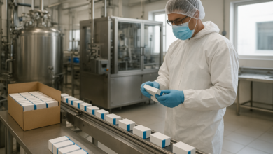 Instalação farmacêutica moçambicana com equipamentos industriais e embalagens de medicamentos em ambiente controlado